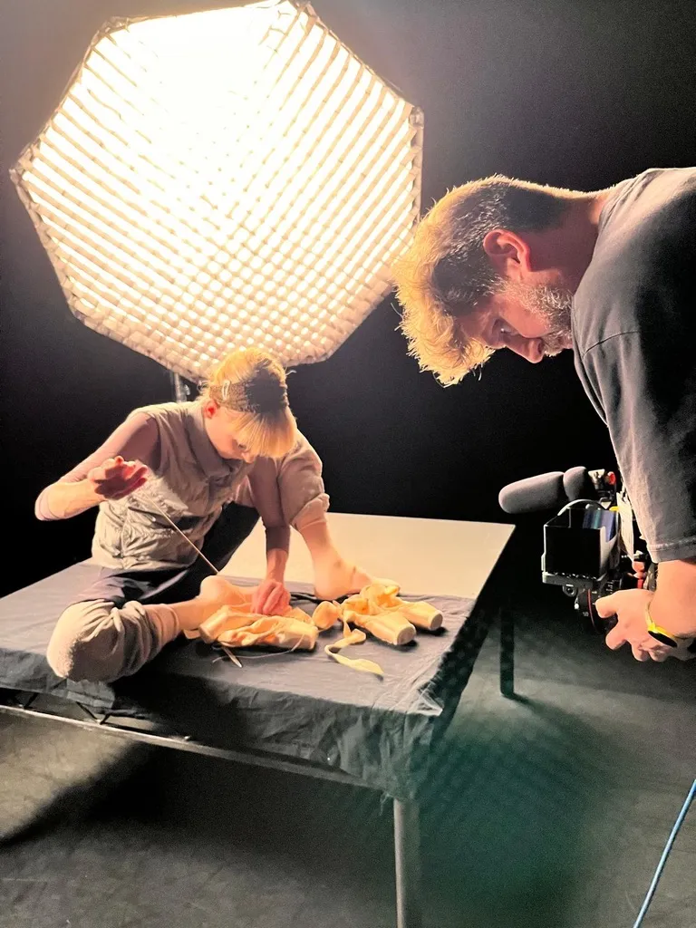 Keith Ingram filming Sarah Lamb under a gridded octabox, Royal Ballet