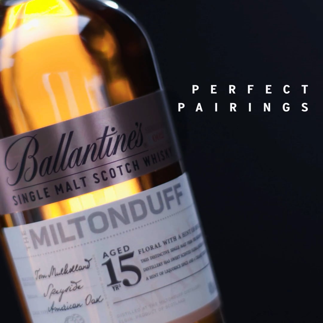 Ballantine's Miltonduff single malt bottle in cinematic low-key light, shot by Keith Ingram DoP